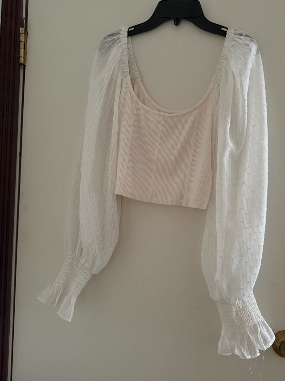Urban Outfitters White Cream Puff-Sleeve Cropped Top